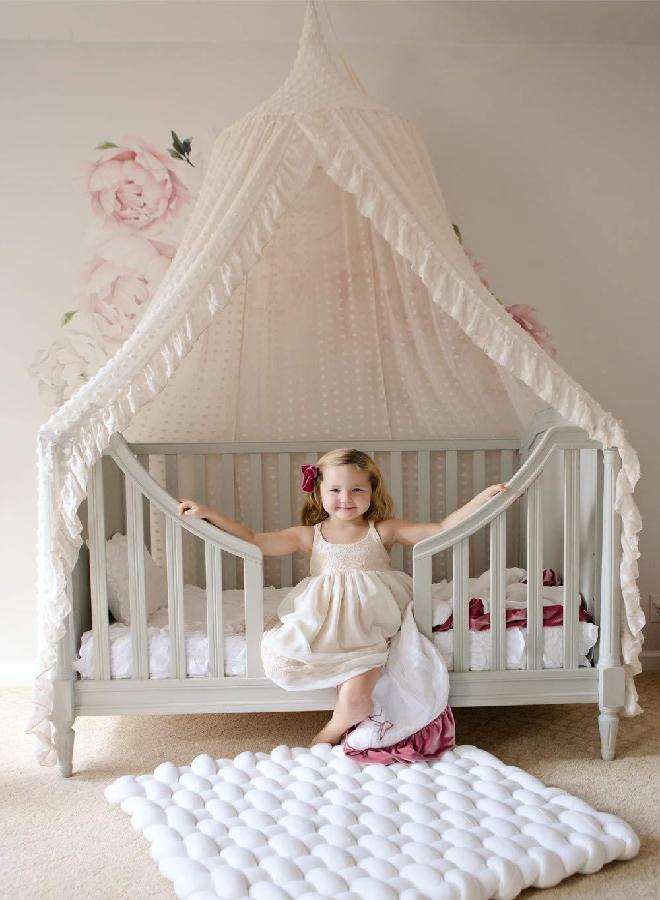 Wonder Space Elegant Kids Bed Canopy - Lace Chiffon Netting with Pom Pom, Princess Girls Fairy Dream Tent, Nursery Room Baby Crib Hanging Curtain Mosquito Net Children Reading Nook Decoration (White)