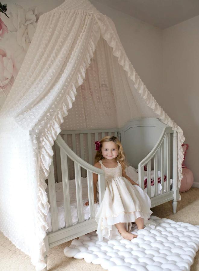 Wonder Space Elegant Kids Bed Canopy - Lace Chiffon Netting with Pom Pom, Princess Girls Fairy Dream Tent, Nursery Room Baby Crib Hanging Curtain Mosquito Net Children Reading Nook Decoration (White)