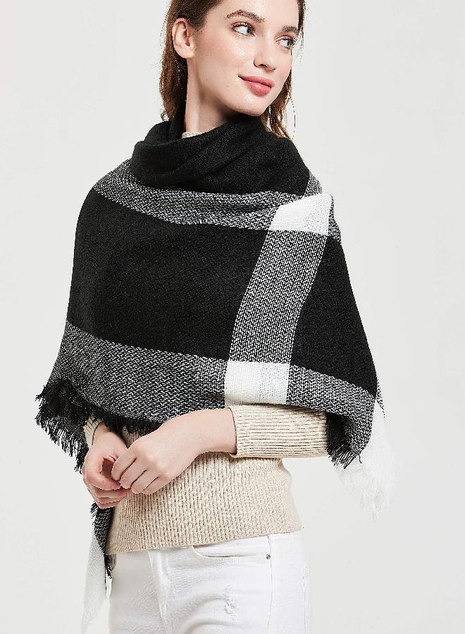 Wander Agio Womens Warm Blanket Scarf Square Shawls Infinity Scarves Stripe Big Plaid Black White 15