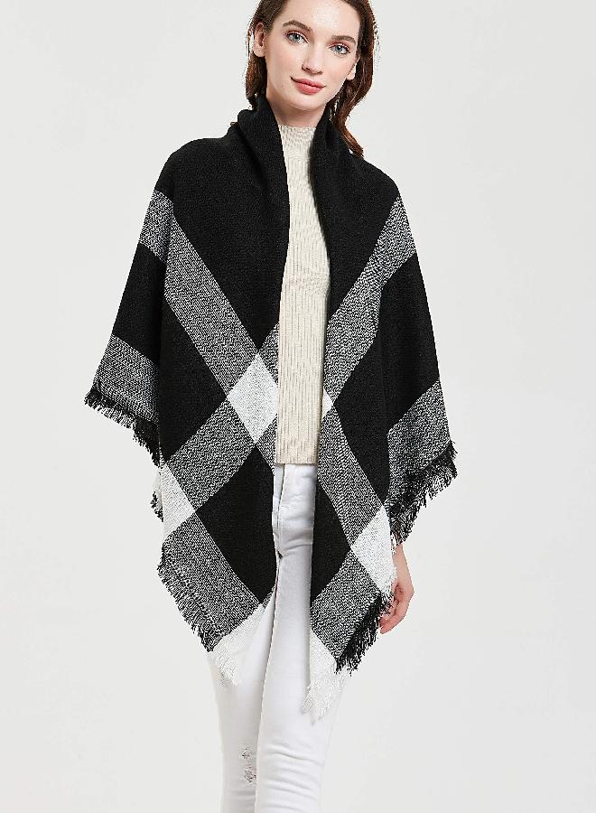 Wander Agio Womens Warm Blanket Scarf Square Shawls Infinity Scarves Stripe Big Plaid Black White 15