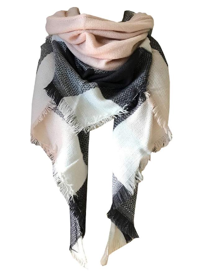 Wander Agio Womens Warm Scarf Triangle Winter Shawls Large Scarves Stripe Plaid Fichu Big Plaid Grey Pink 11