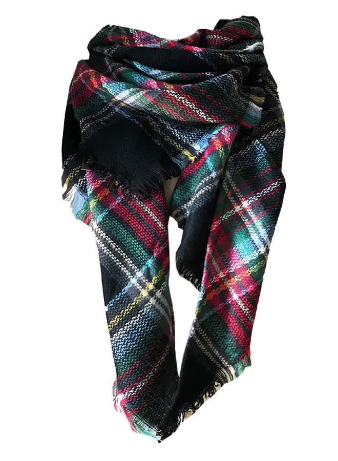 Wander Agio Womens Warm Scarf Triangle Shawls Large Scarves Stripe Plaid Fichu Black Green 18