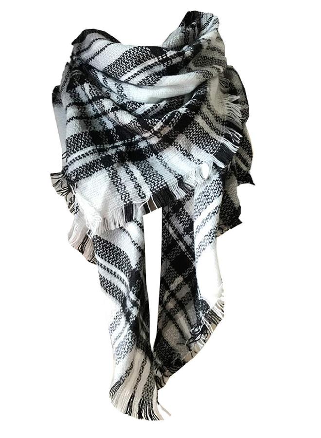 Wander Agio Womens Warm Scarf Triangle Shawls Large Scarves Stripe Plaid Fichu Raw White Grey Colour 5