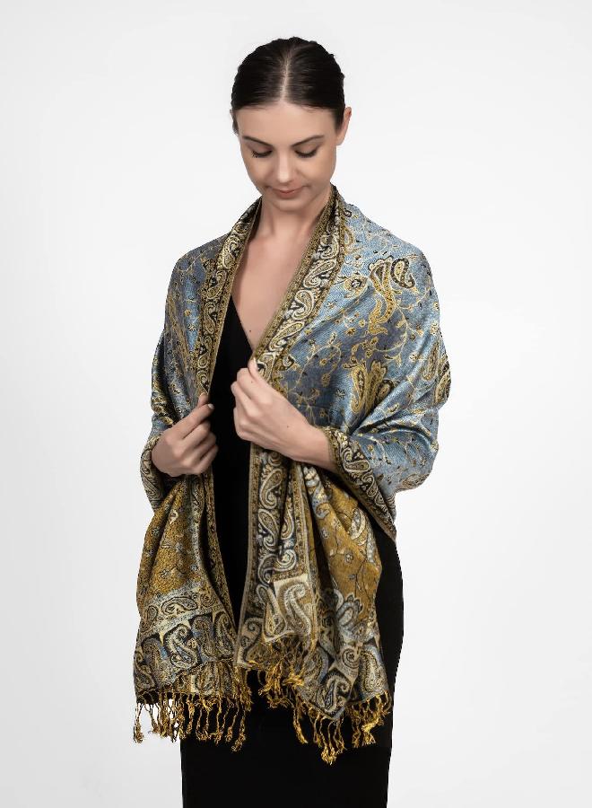 Achillea Soft Silky Reversible Paisley Pashmina Shawl Wrap Scarf w/Fringes (Steel Blue)