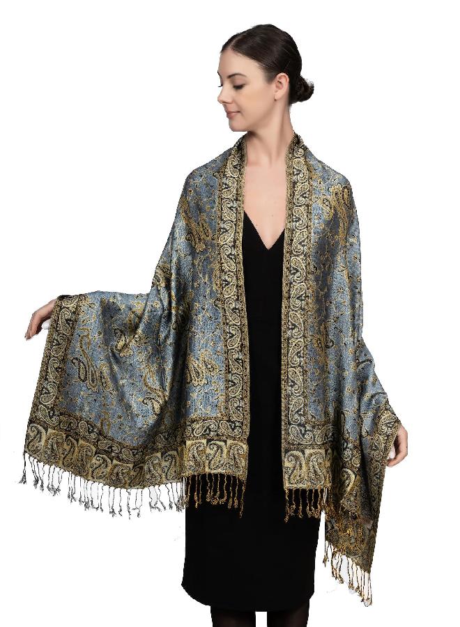 Achillea Soft Silky Reversible Paisley Pashmina Shawl Wrap Scarf w/Fringes (Steel Blue)