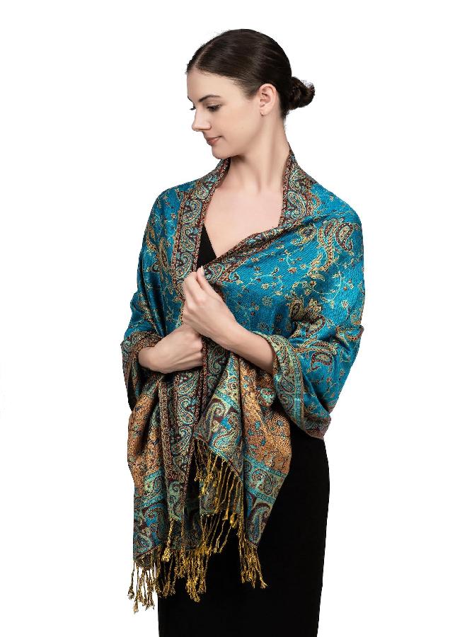 Achillea Soft Silky Reversible Paisley Pashmina Shawl Wrap Scarf w/Fringes (Teal)