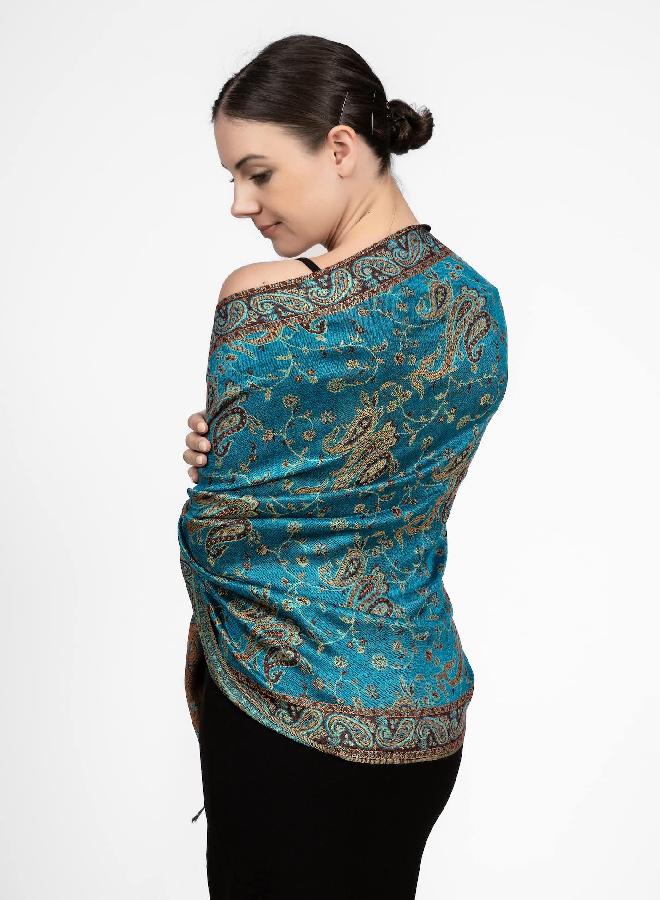 Achillea Soft Silky Reversible Paisley Pashmina Shawl Wrap Scarf w/Fringes (Teal)