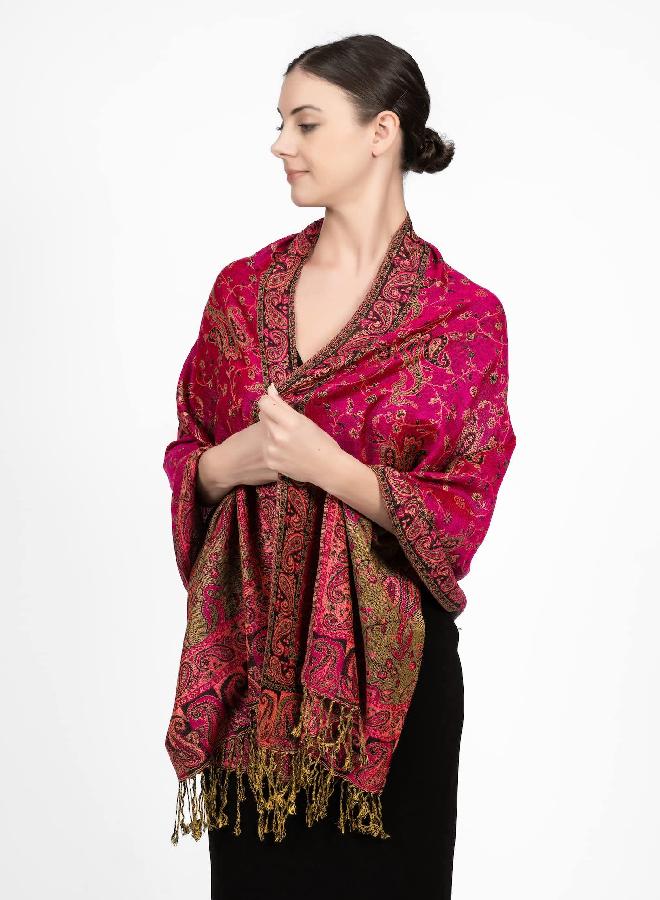 Achillea Soft Silky Reversible Paisley Pashmina Shawl Wrap Scarf w/Fringes (Fuchsia)