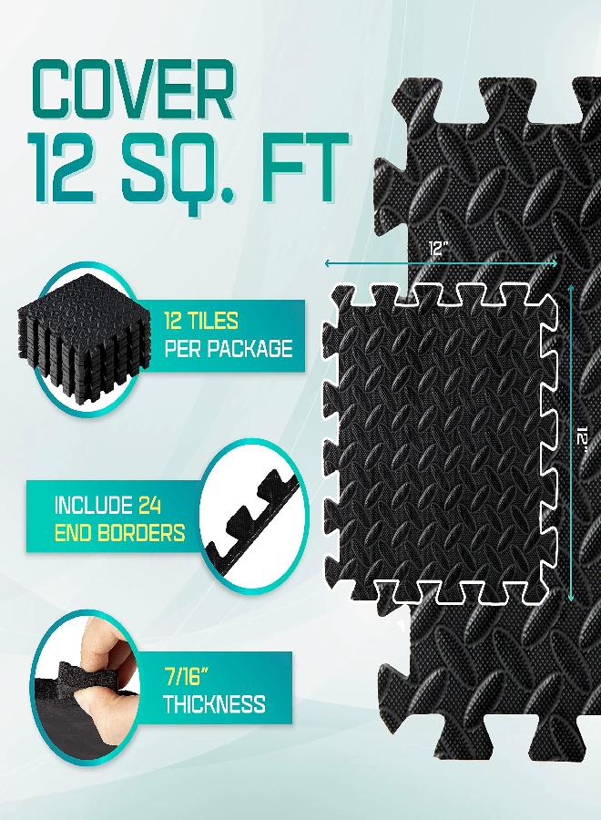 Interlocking Exercise Foam Mats With Border - Interlocking Floor Mats For Gym Equipment - Eva Interlocking Floor Tiles ,12 Square Feet, Black (Pack Of 12)