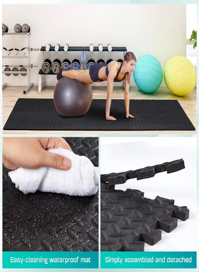 Interlocking Exercise Foam Mats With Border - Interlocking Floor Mats For Gym Equipment - Eva Interlocking Floor Tiles ,12 Square Feet, Black (Pack Of 12)