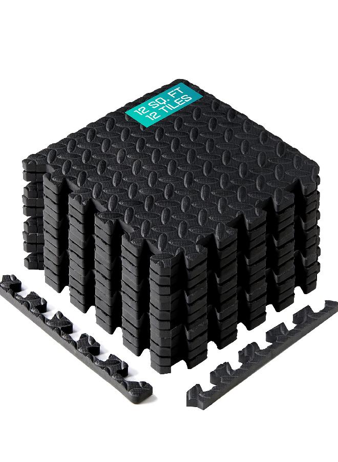 Interlocking Exercise Foam Mats With Border - Interlocking Floor Mats For Gym Equipment - Eva Interlocking Floor Tiles ,12 Square Feet, Black (Pack Of 12)