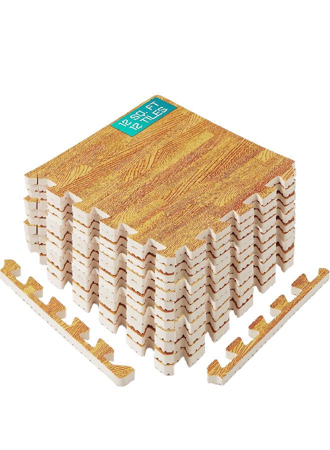 Yes4All Interlocking Floor Mats with Border - Foam, Gym Floor Mats with EVA Interlocking Tiles (12 Square Feet - Oak Wood Light - 12 Tiles)