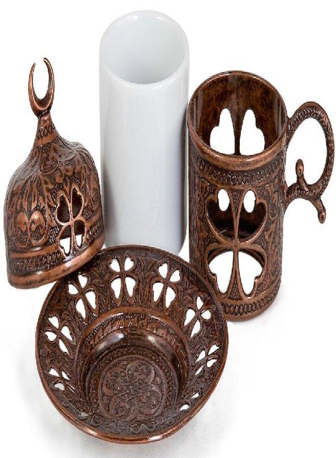 Demmex Turkish Coffee Espresso Cup with Inner Porcelain, Metal Holder, Saucer and Lid, 4 Pieces (Antique Brown)