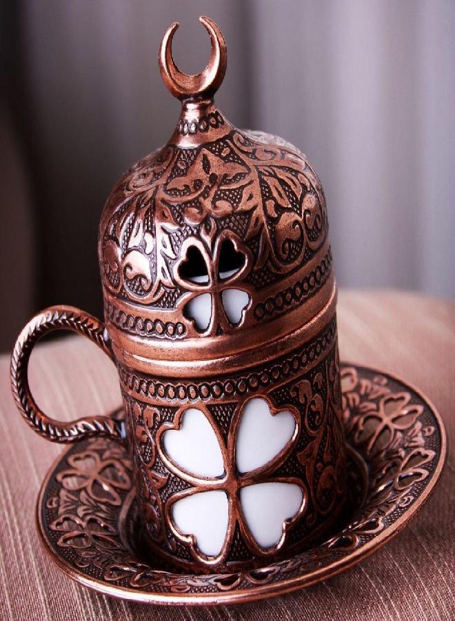 Demmex Turkish Coffee Espresso Cup with Inner Porcelain, Metal Holder, Saucer and Lid, 4 Pieces (Antique Brown)