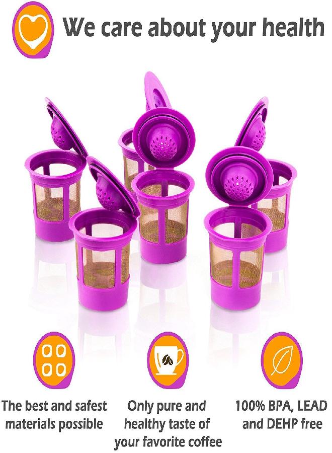 6 Reusable K Cups for Keurig Coffee Makers - BPA Free Universal Fit Purple Refillable Kcups Coffee Filters for 1.0 and 2.0 Keurig Brewers