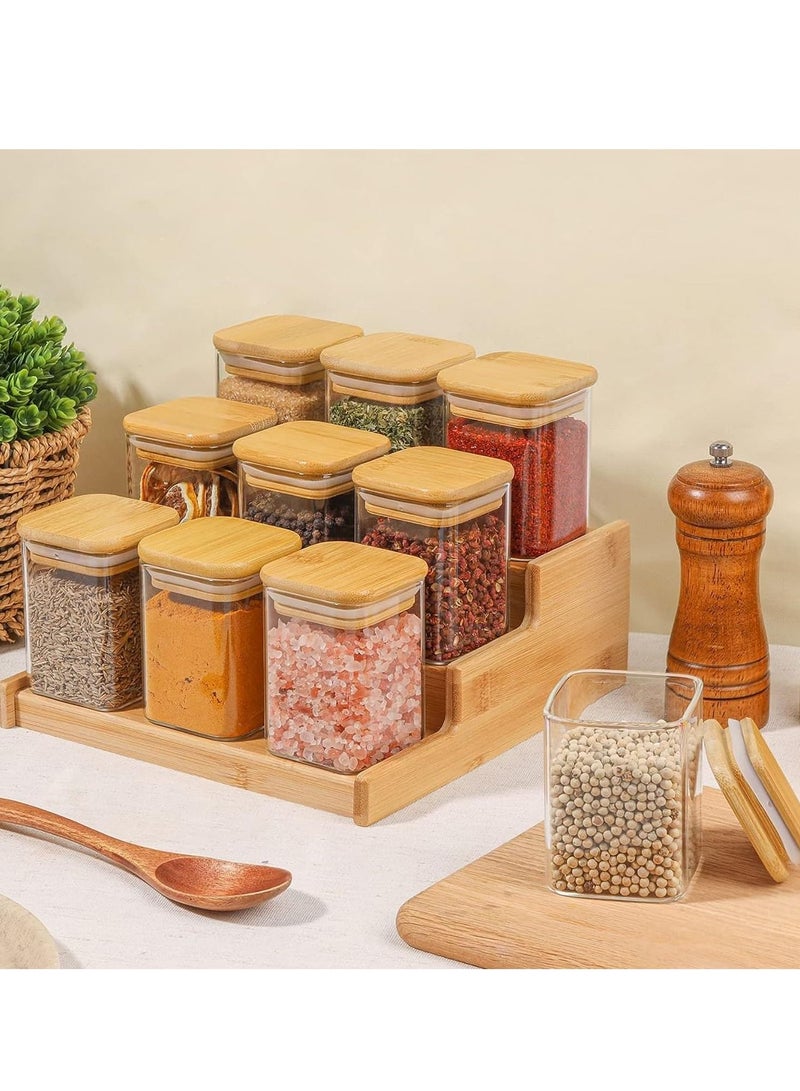 Tycom Glass Jars Set 210ML, Food Cereal Storage Spice Containers for Home Kitchen, Food Storage jars With Labels, Marker and spoons, Square 6 * 8cm 10 Pieces With Wood Lid.