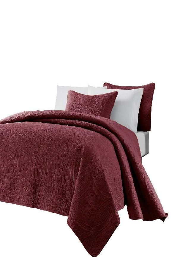 Chezmoi Collection Austin 3-Piece Oversized Bedspread Coverlet Set (Queen, Burgundy)