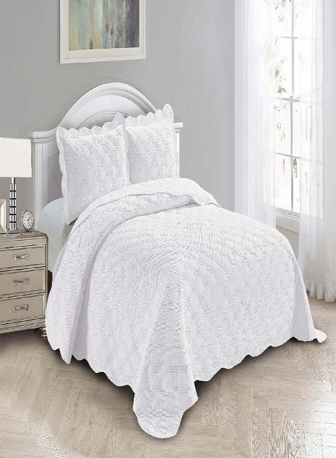 Fancy Linen 3pc Embossed Coverlet Bedspread Set Oversized Bed Cover Solid Modern Squared Pattern New # Jenni (Full/Queen, White)
