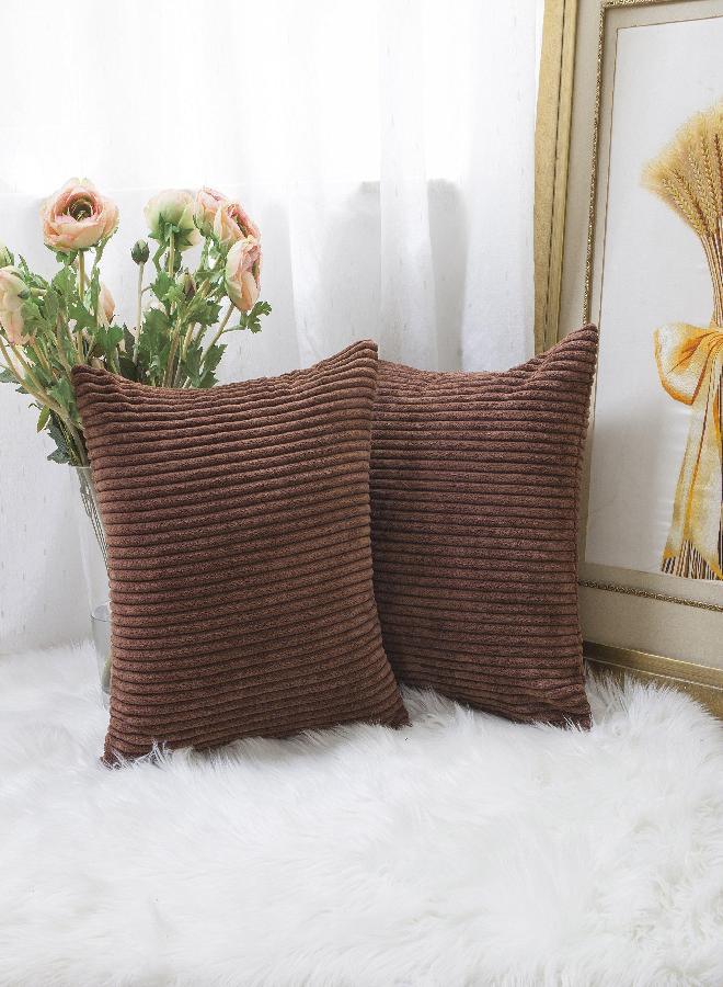 Home Brilliant Throw Pillow Covers 18x18 Set of 2 Solid Plush Corduroy Striped Square Cushion Covers Bed Decor, 18x18 inch, Brown
