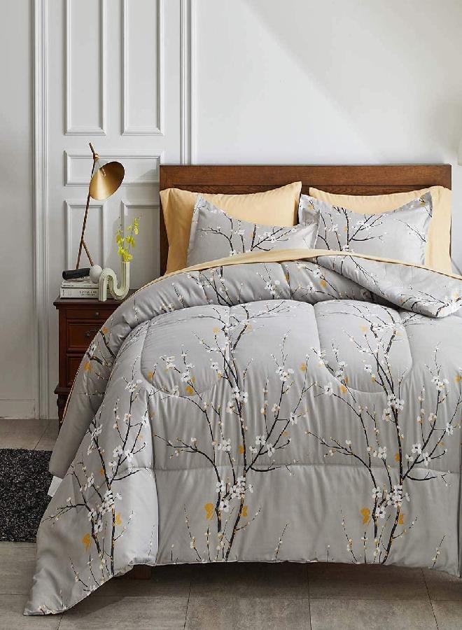 Gray Comforter Sheet Set Bed in a Bag 7 Pieces Queen Size Tree Branch Bloom Flower Microfiber Spring Bedding Set (1 Comforter 2 Pillow Shams 1 Tan Flat Sheet 1 Fitted Sheet 2 Pillowcases)