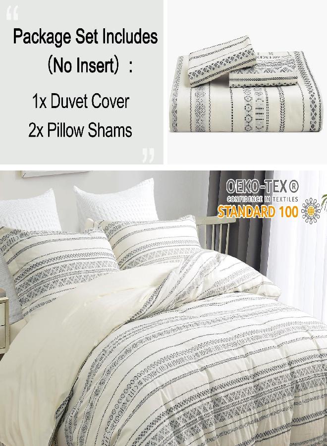 PHF 100% Cotton Jacquard Duvet Cover Set Queen Size, 3pcs Boho Textured Comforter Cover Set, Yarn-Dyed Farmhouse Duvet Cover with Pillow Shams Bedding Collection, 90
