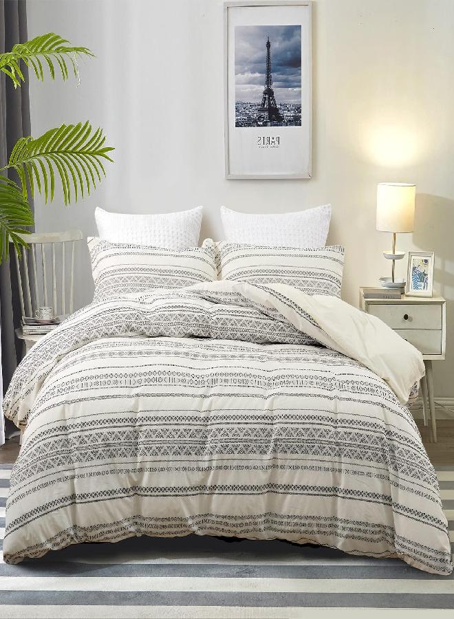 PHF 100% Cotton Jacquard Duvet Cover Set Queen Size, 3pcs Boho Textured Comforter Cover Set, Yarn-Dyed Farmhouse Duvet Cover with Pillow Shams Bedding Collection, 90
