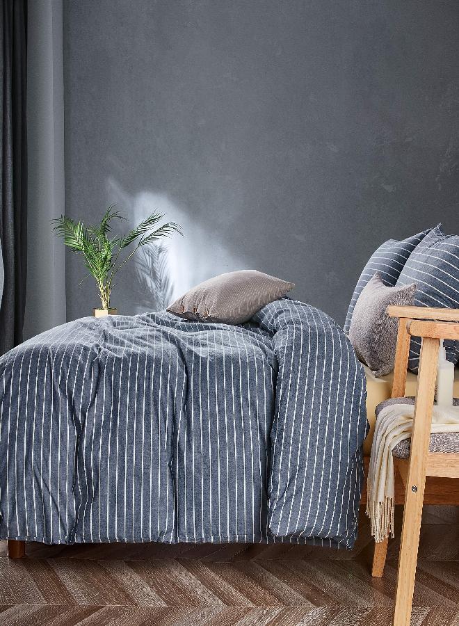 JELLYMONI Pinstriped 100% Washed Cotton Duvet Cover Set, 3 PCS Blue Striped Duvet Cover Cal-King Size with Button Closure