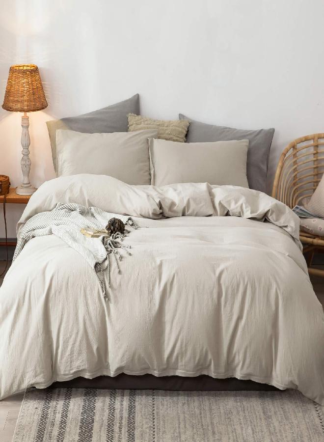 MooMee Bedding Duvet Cover Set 100% Washed Cotton Linen Like Textured Breathable Durable Soft Comfy (Tannish Cream Grey, Full)