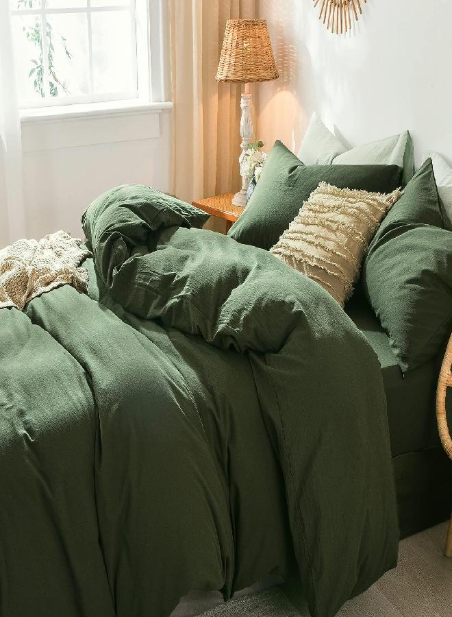 MooMee Bedding Duvet Cover Set 100% Washed Cotton Linen Like Textured Breathable Durable Soft Comfy (Olive Green, Full)