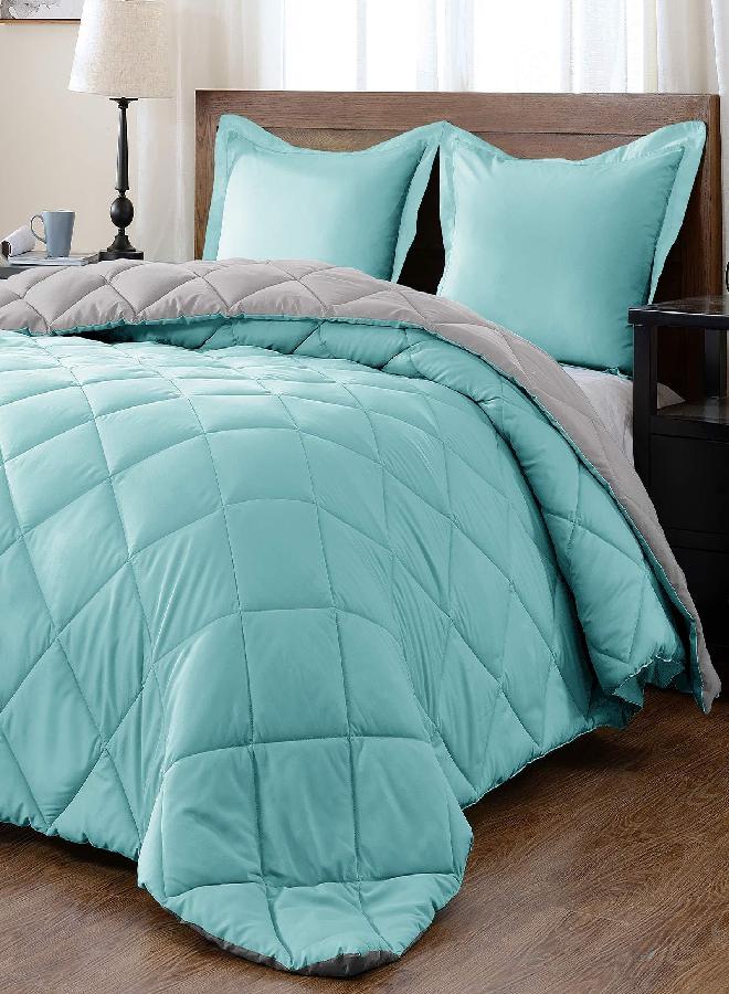 downluxe Lightweight Solid Comforter Set (Queen) with 2 Pillow Shams - 3-Piece Set - Turquoise and Gray - Down Alternative Reversible Comforter