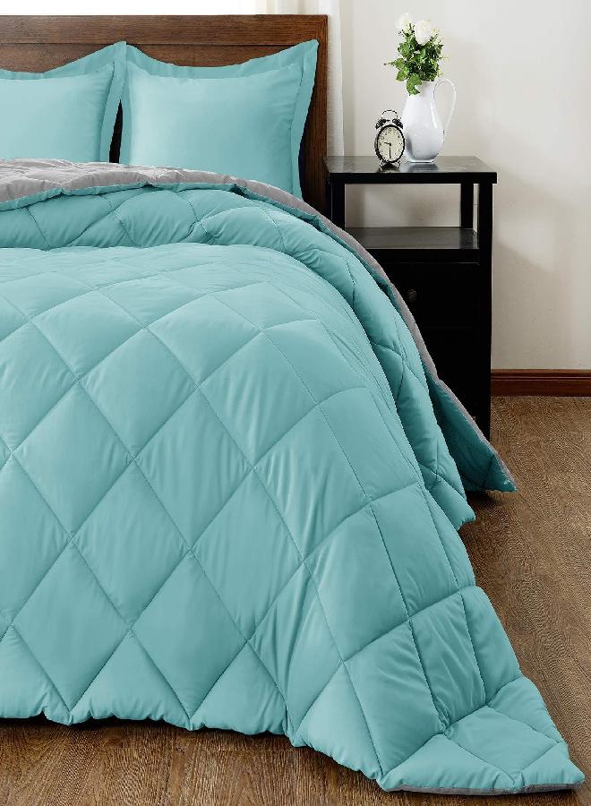 downluxe Lightweight Solid Comforter Set (Queen) with 2 Pillow Shams - 3-Piece Set - Turquoise and Gray - Down Alternative Reversible Comforter