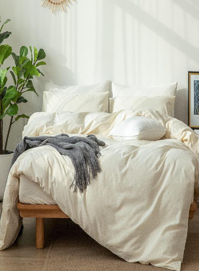 MooMee Bedding Duvet Cover Set 100% Washed Cotton Linen Like Textured Breathable Durable Soft Comfy (Cream White, Full Size)