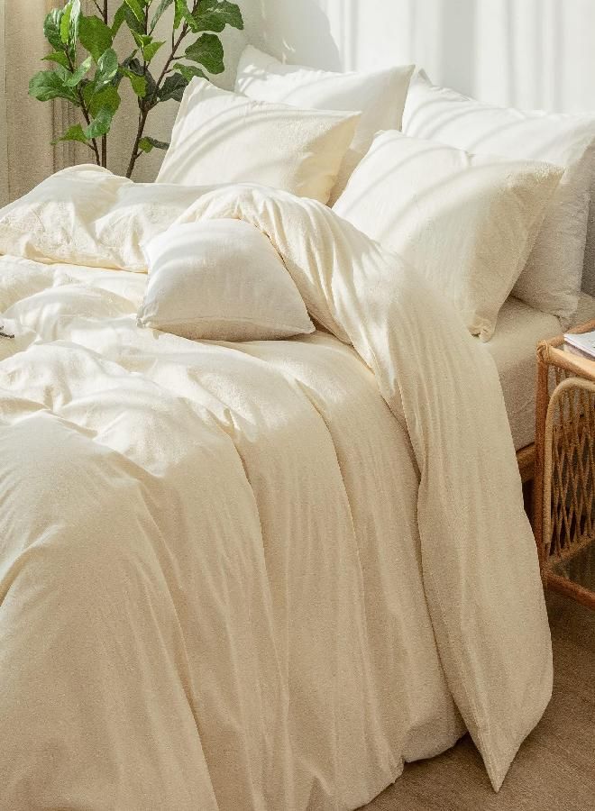 MooMee Bedding Duvet Cover Set 100% Washed Cotton Linen Like Textured Breathable Durable Soft Comfy (Cream White, Full Size)
