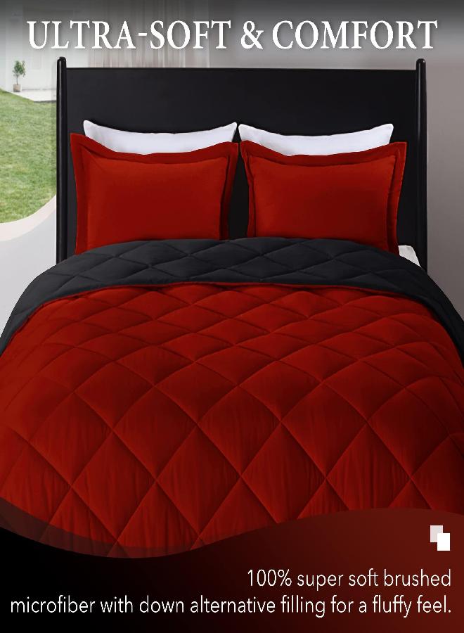 downluxe Lightweight Solid Comforter Set (Queen) with 2 Pillow Shams - 3-Piece Set - Red and Black - Down Alternative Reversible Comforter