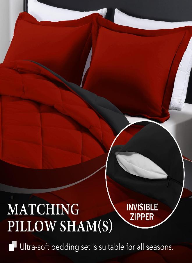 downluxe Lightweight Solid Comforter Set (Queen) with 2 Pillow Shams - 3-Piece Set - Red and Black - Down Alternative Reversible Comforter