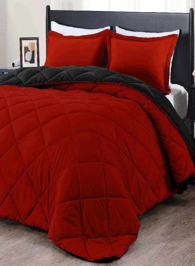 downluxe Lightweight Solid Comforter Set (Queen) with 2 Pillow Shams - 3-Piece Set - Red and Black - Down Alternative Reversible Comforter