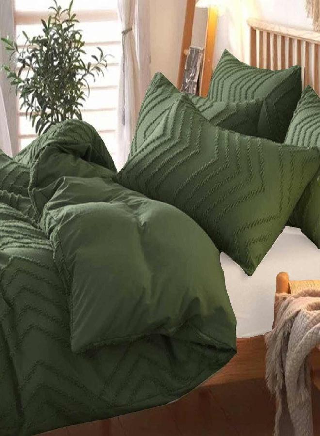 Nanko Olive Green Duvet Cover King Size, 3pc Boho Tufted Microfiber Bedding Comforter Cover Set, All Season Aesthetic Shabby Chic Soft Embroidery Textured Geometric Quilt Cover (104x90)