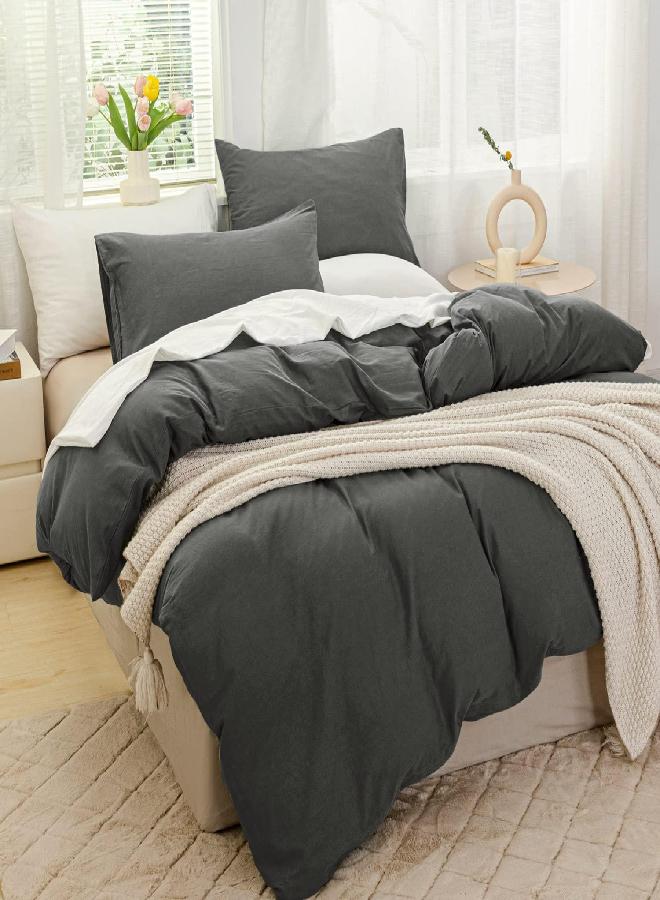 JELLYMONI Grey 100% Washed Cotton Duvet Cover Set, 2 Pieces Luxury Soft Bedding Set with Zipper Closure. Solid Color Pattern Duvet Cover Twin Size(No Comforter)