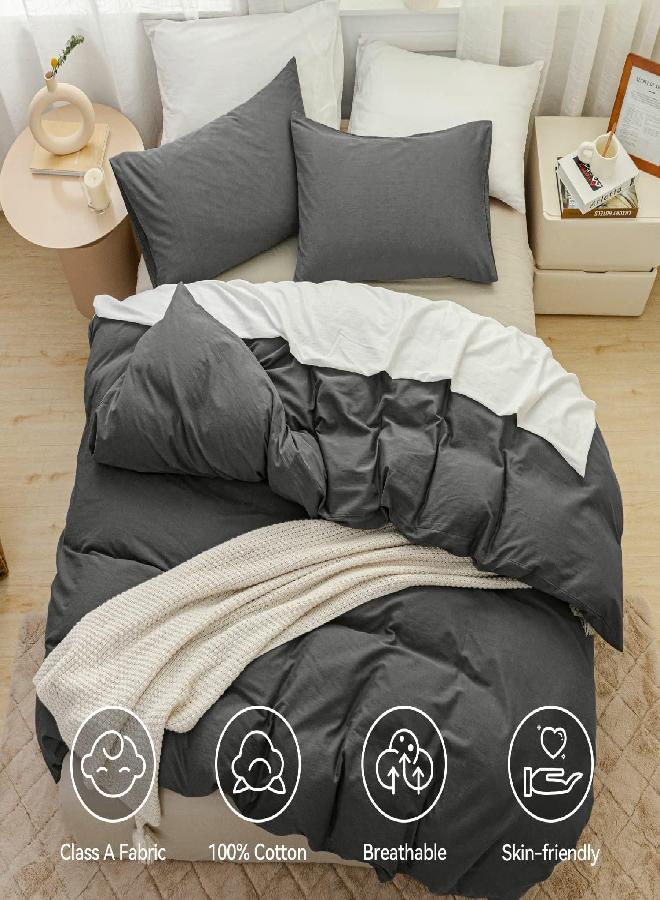 JELLYMONI Grey 100% Washed Cotton Duvet Cover Set, 2 Pieces Luxury Soft Bedding Set with Zipper Closure. Solid Color Pattern Duvet Cover Twin Size(No Comforter)