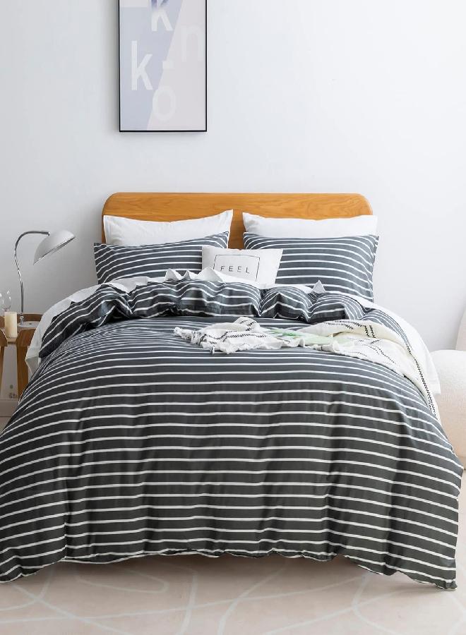 JELLYMONI 100% Natural Cotton 2pcs Striped Duvet Cover Sets, Dark Grey Duvet Cover with White Stripes Pattern Printed Comforter Cover, with Zipper Closure & Corner Ties(Twin Size)