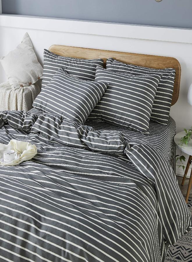 JELLYMONI 100% Natural Cotton 2pcs Striped Duvet Cover Sets, Dark Grey Duvet Cover with White Stripes Pattern Printed Comforter Cover, with Zipper Closure & Corner Ties(Twin Size)