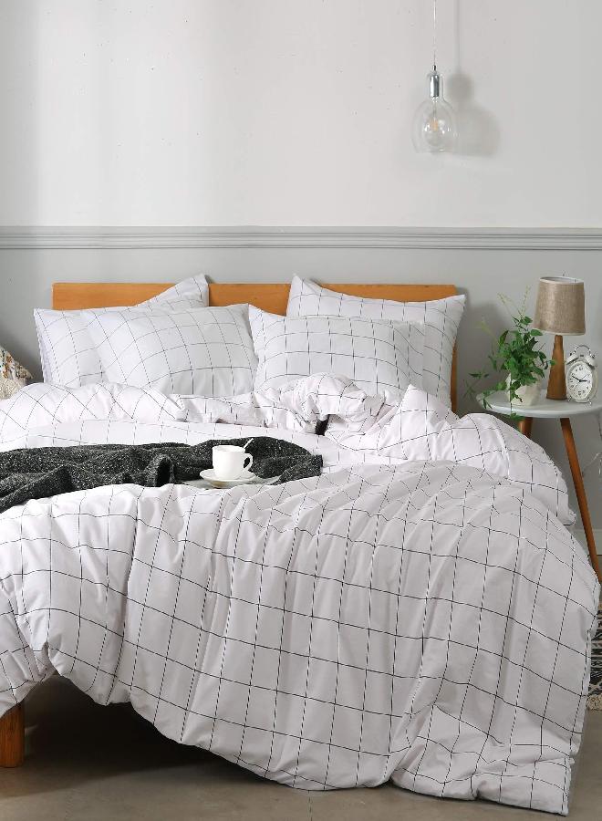 JELLYMONI 100% Natural Cotton 2pcs Plaid Duvet Cover Sets,White with Black Grid Geometric Pattern Printed Comforter Cover,with Zipper Closure & Corner Ties(Twin Size)