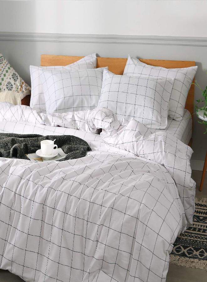 JELLYMONI 100% Natural Cotton 2pcs Plaid Duvet Cover Sets,White with Black Grid Geometric Pattern Printed Comforter Cover,with Zipper Closure & Corner Ties(Twin Size)