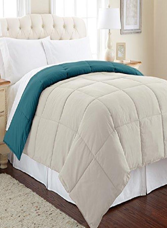 Modern Threads Down Alternative Microfiber Quilted Reversible Comforter & Duvet Insert - Soft, Comfortable Alternative to Goose Down - Bedding for All Seasons Blue Coral/Oatmeal Full/Queen