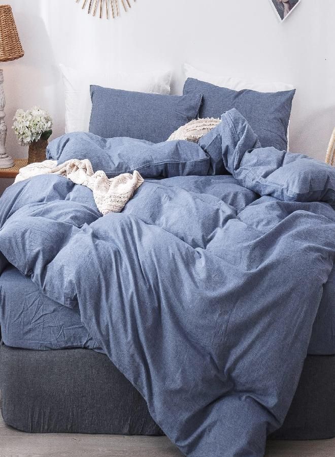 MooMee Bedding Duvet Cover Set 100% Washed Cotton Linen Like Textured Breathable Durable Soft Comfy (Blue, King)