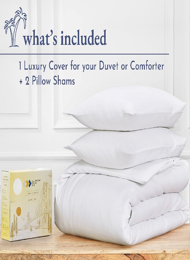 California Design Den 100% Natural Cotton Duvet Cover Set - Premium 400 Thread Count, Cool Bedding Set, Smooth Sateen Weave, Button Closure and Corner Ties (3 Piece, Pure White, Oversized King)