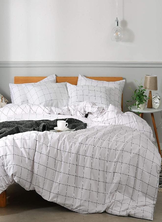 JELLYMONI Oversized King Duvet Cover Set, Cotton Duvet Cover 3 Pieces with Zipper Closures,1 Duvet Cover and 2 Pillow Shams(White Grid with Black Lines)