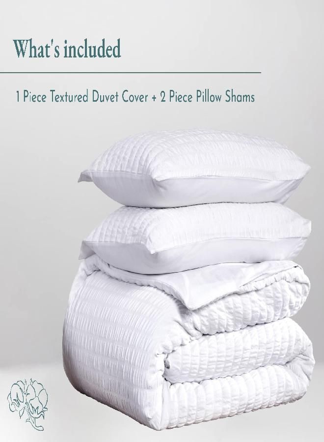 California Design Den Queen Size Duvet Cover, 100% Cotton 3 Piece Cover & Sham Set, Soft Textured White Seersucker Duvet Cover 92