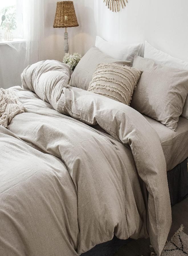 MooMee Bedding Duvet Cover Set 100% Washed Cotton Linen Like Textured Breathable Durable Soft Comfy (Tannish Linen Grey, Oversized King)