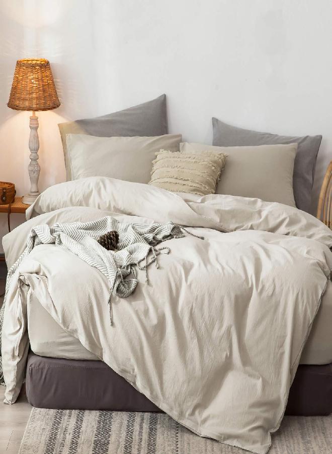 MooMee Bedding Duvet Cover Set 100% Washed Cotton Linen Like Textured Breathable Durable Soft Comfy (Tannish Cream Grey, Oversized King)